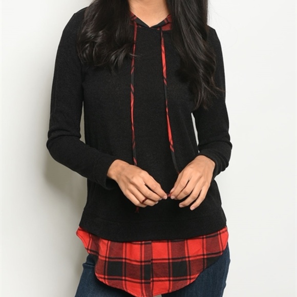 Tops - CHECKERED DETAIL HOODED TOP